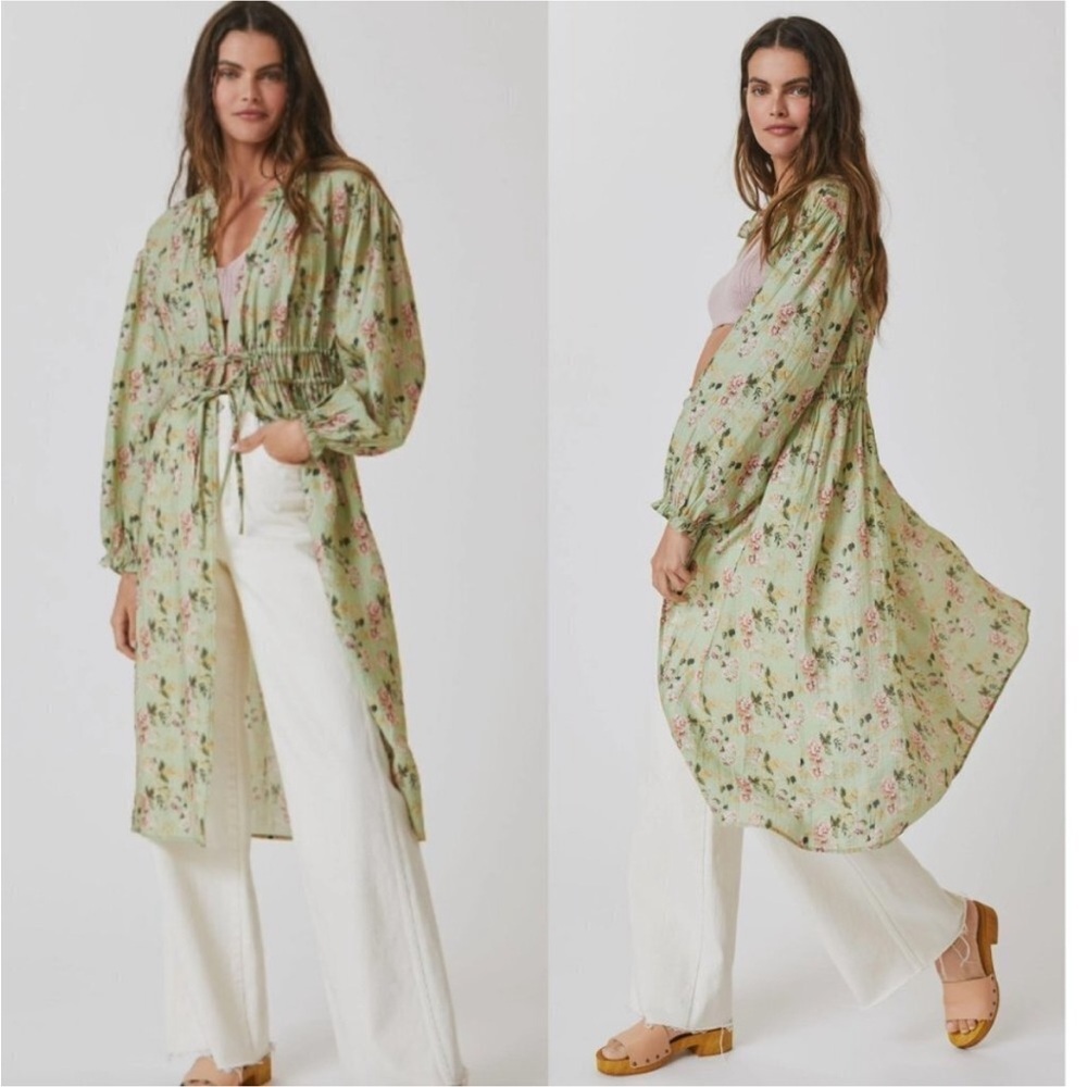 Anthropologie Light Green Floral Duster